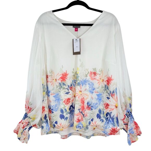 Vince Camuto White Floral Flowy Blouse Size 1X Long Sleeve Lightweight Lined NWT - Picture 1 of 9
